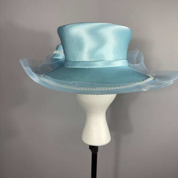 Sky blue KENTUCKY DERBY or CHURCH LADY HAT w/ front bow and embellishments - Picture 4 of 11